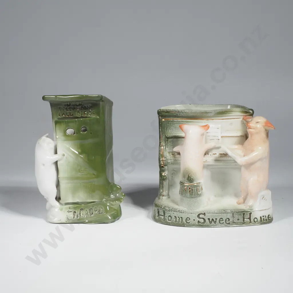 Two German Vintage Fairing w Pig Figs - One w Two Pigs Playing a Piano & the other w a Pig Entering a Telephone Box Image 1++