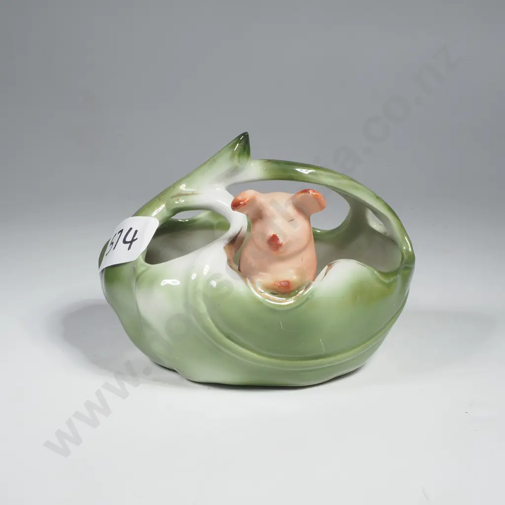 Vintage Pink Pig Porcelain Novelty Figurine emerging from a Dish Image 1++