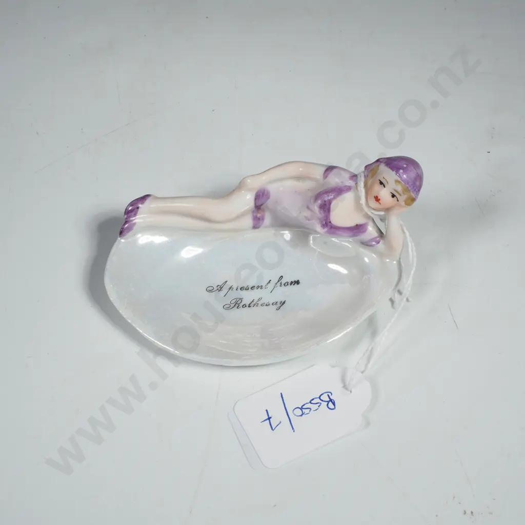 Small German Trinket Dish Featuring a Reclining Figure in a Purple Swimsuit & The Inscription ' A Present from Rothesay' Image 1++