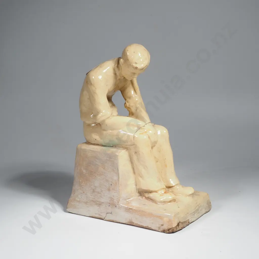 M Bradley, Seated Figure w Spade, Pottery Image 1++