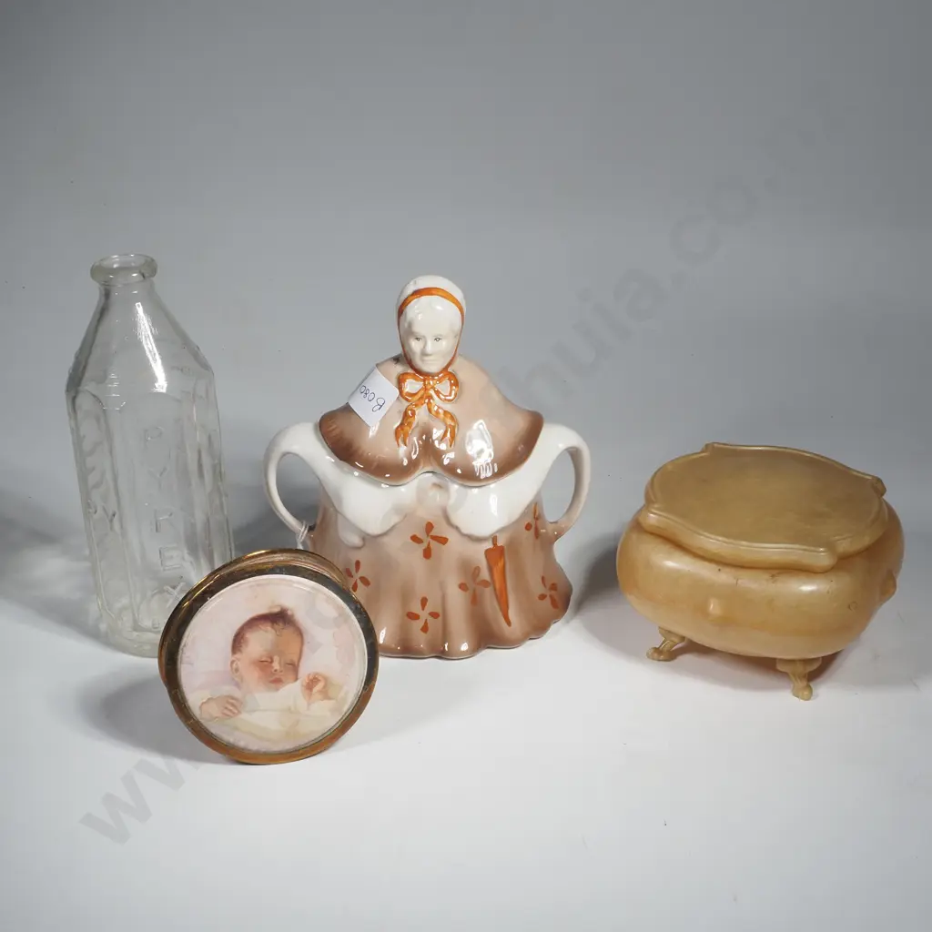 Tony Wood 'Little Old Lady' Sugar Bowl, Vintage Glass Baby's Bottle, Powder Compact & a Celluloid Trinket Box Image 1++