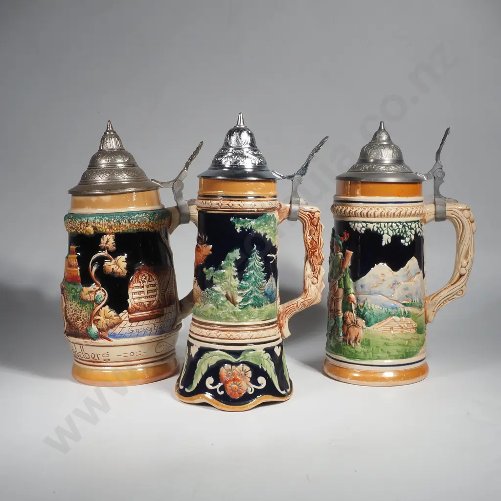 Three Vintage Ceramic German Beer Steins w Lids & Embossed Detail Image 1++