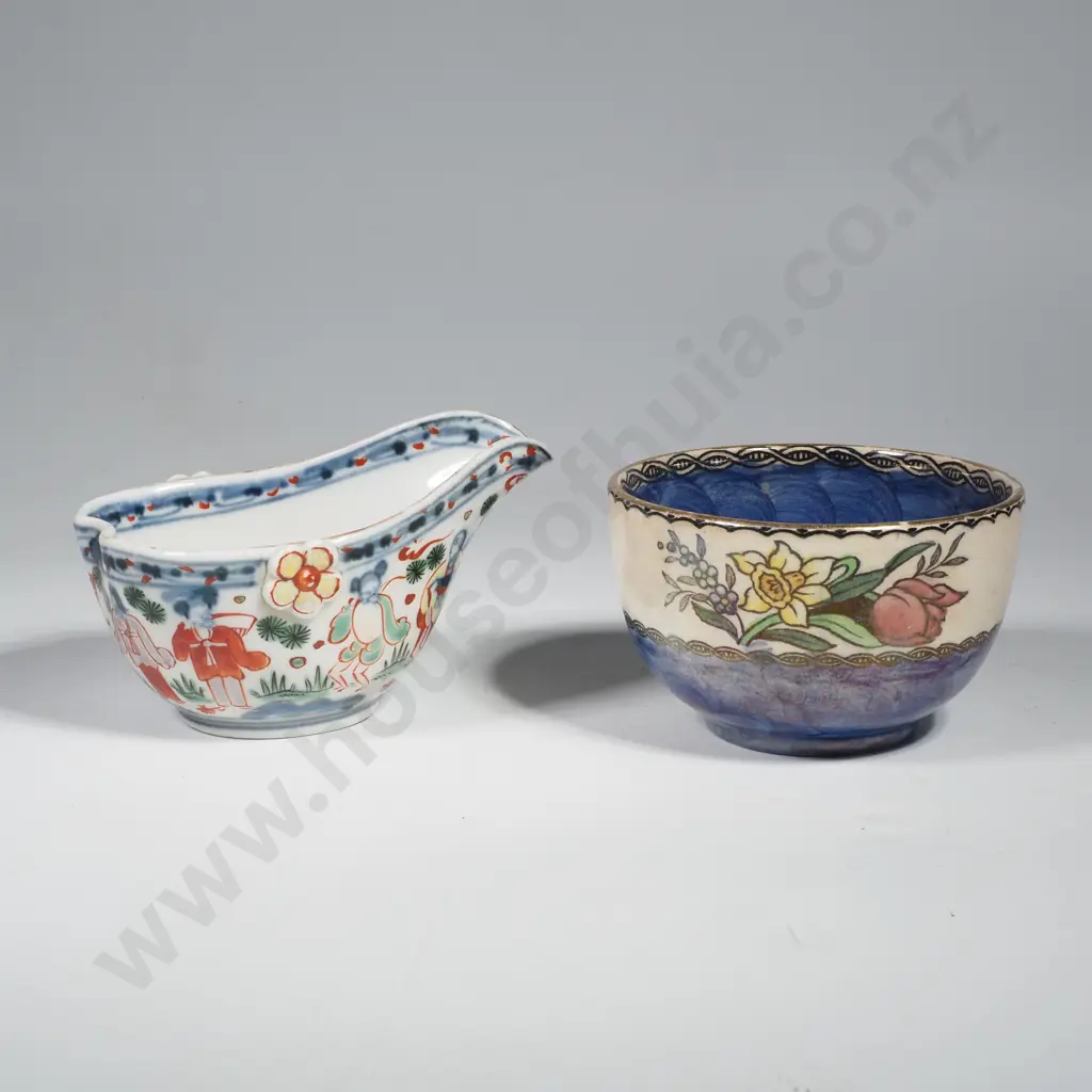 Antique Imari  Porcelain Sauce Boat w Cracked Star Base & Small Blue Thumbprint Maling Bowl decorated w a Rim of Spring Image 1++