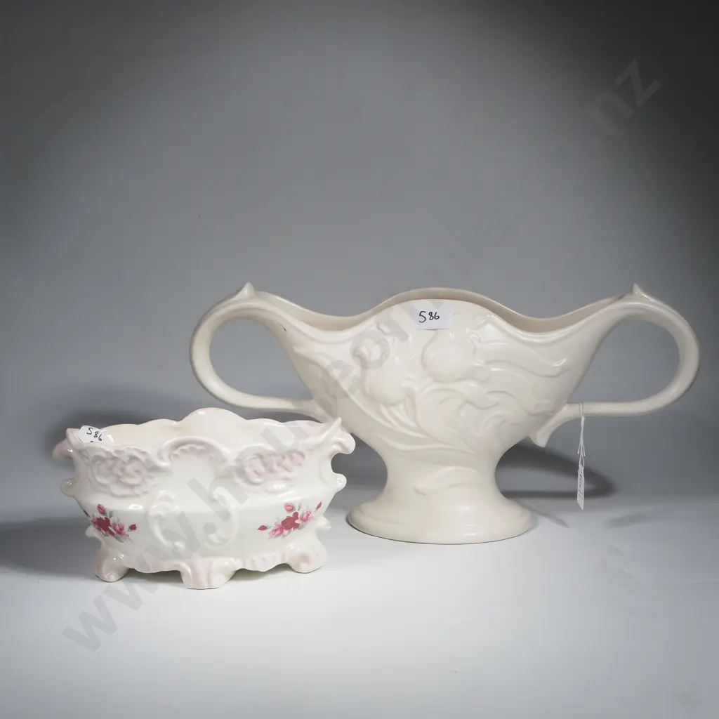 Spode's Velamour Mantle Vase  w Flowers in high Relief & Another Trough Vase w Floral Transfer & Molded Decoration Image 1++