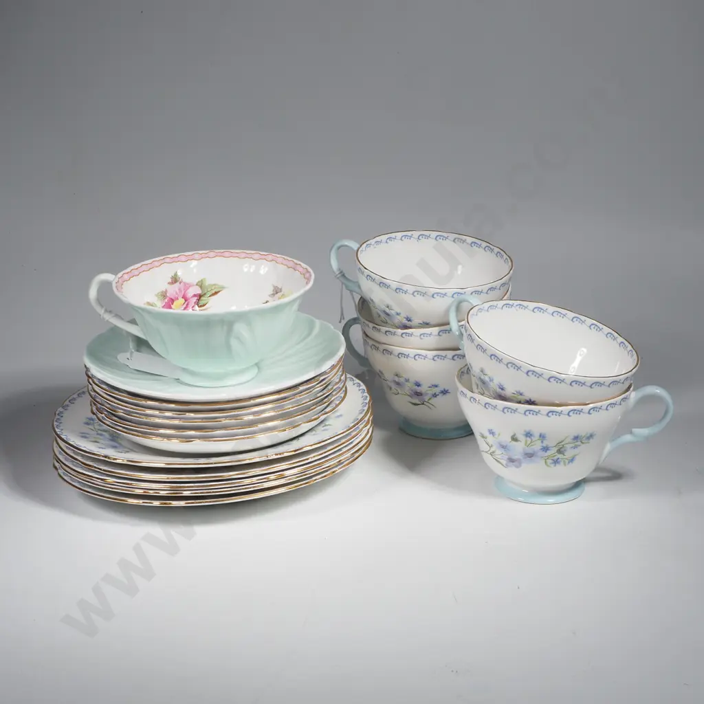 Shelley Green Pink Begonia Oleander Cup & Saucer & Five Shelley Cup, Saucers & Plates in the 'Blue Rock' Pattern Image 1++