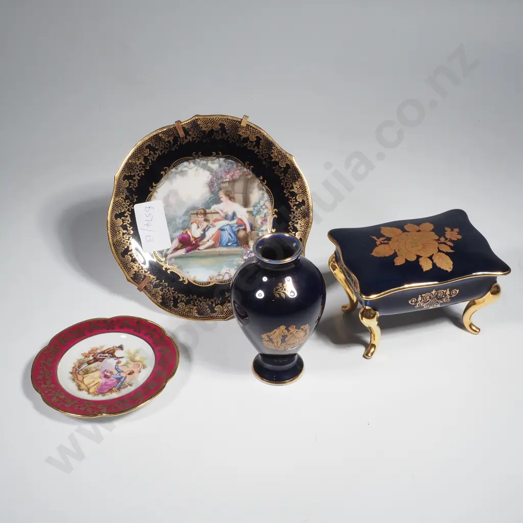 Limoges Cobalt Blue Trinket Box, Miniature Cobalt Blue Vase & Two Limoges Small Cabinet Plates Image 1++