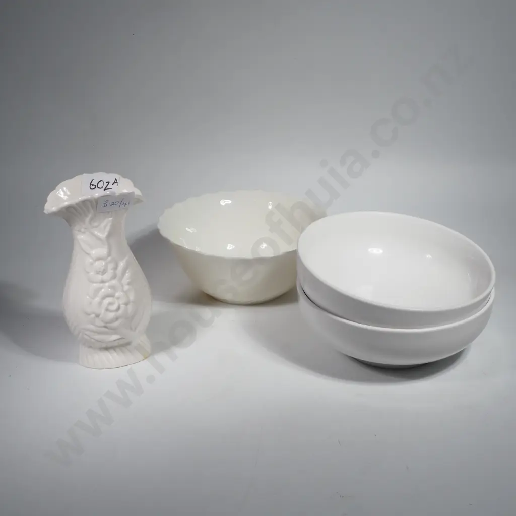 Three White Bowls & Vase Image 1++