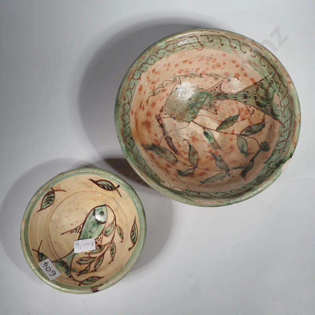 Two Vintage Glazed Spanish Terracotta Bowls Decorated w Fish Image 1++