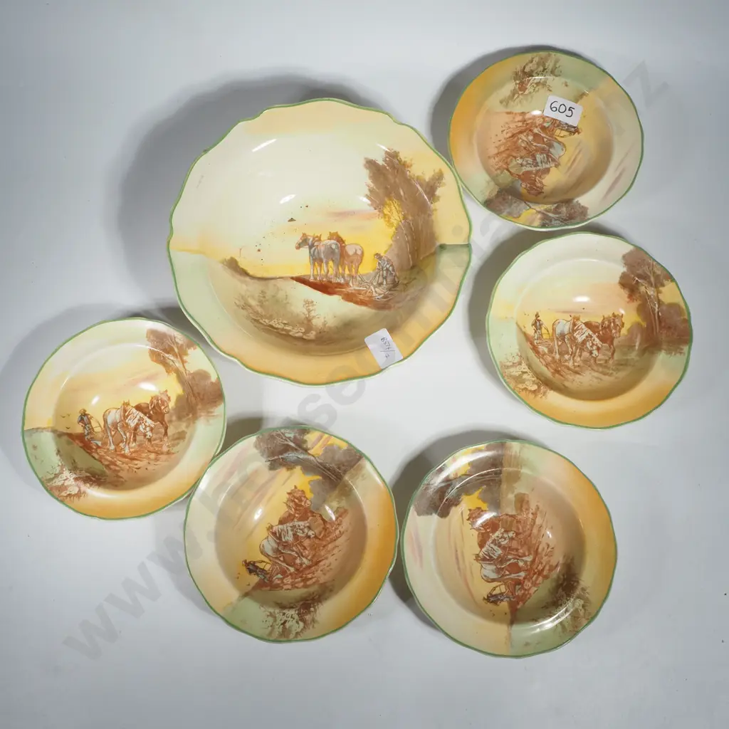 Royal Doulton Series Ware Fruit Bowl & Five Dessert Bowls w Pastoral Scene Image 1++