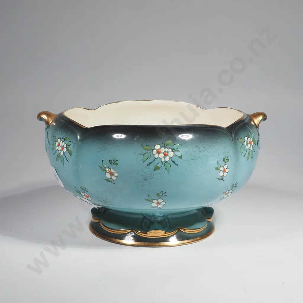 Old Foley James Kent Double Handled Bowl w Gilt Handles  & Floral Detail on a Grey/Blue Ground Image 1++