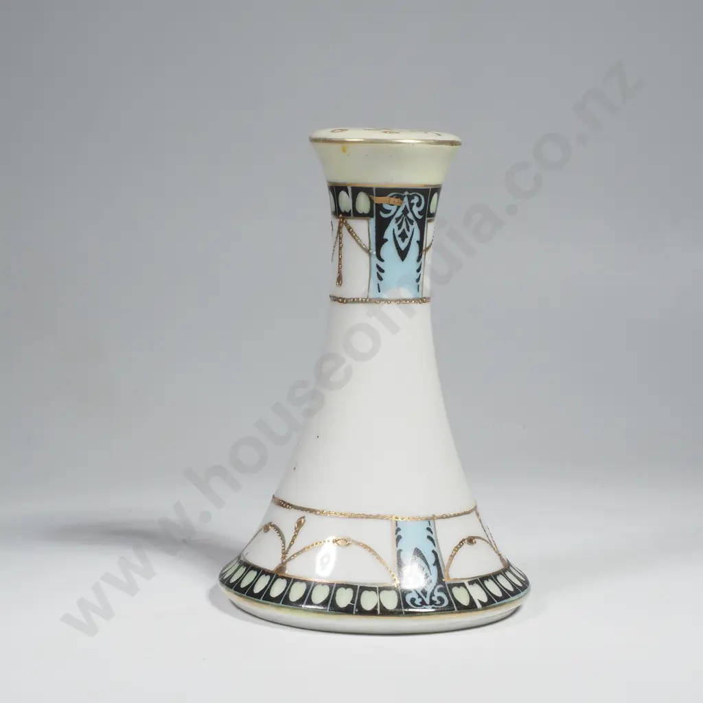 Japanese Trumpet Shape Porcelain Hatpin Holder w Art Nouveau Decoration & Raised Gilded Accents Image 1++