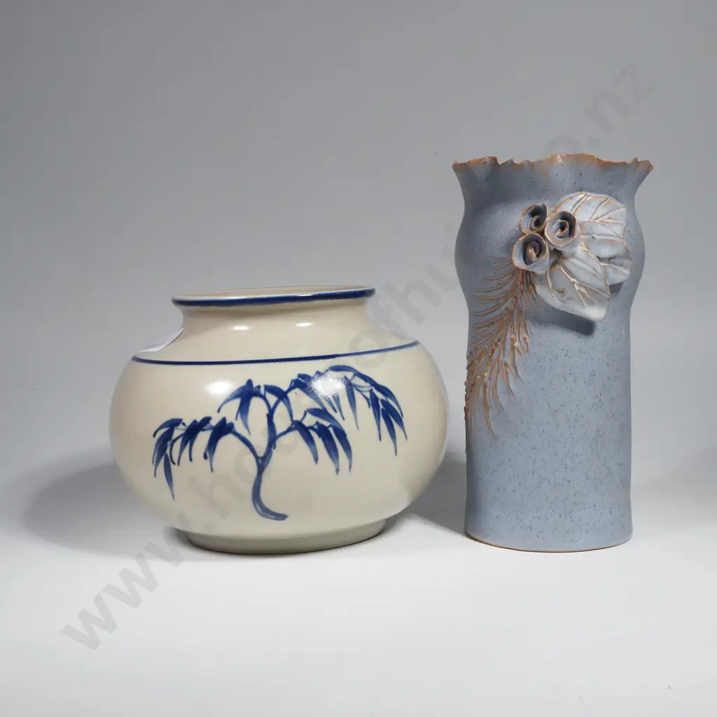 Richmond Pottery Vase w Blue Decoration on Stoneware Ground  & A Grey/Blue Pottery Vase w Applied Leaves Marked MHRINOOS Image 1++