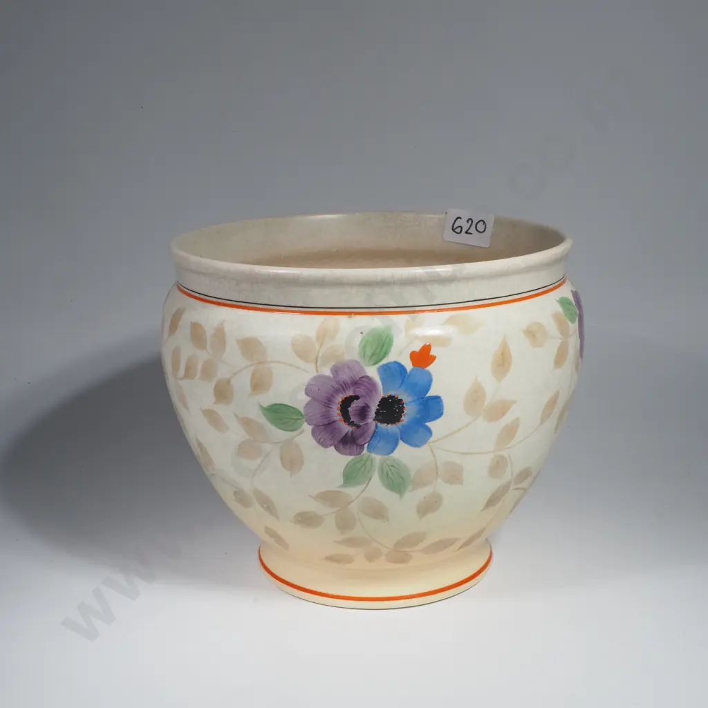 Mid Century Handpainted Decoro Jardinere w Purple, Blue & Yellow Floral  Decoration Image 1++