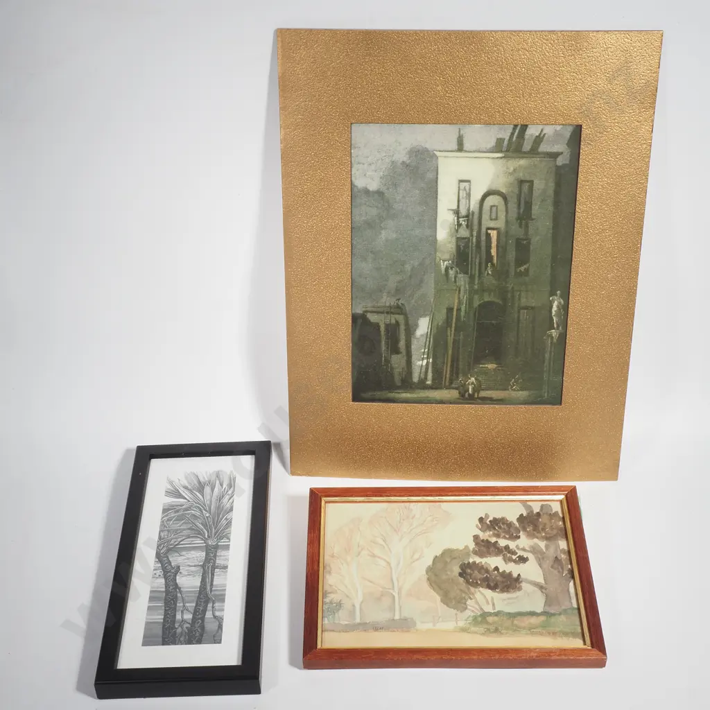 Small Framed Watercolour, Flax Tree Print & an Unframed Print by James Perrier Pryde Titled 'The Slum" Image 1++
