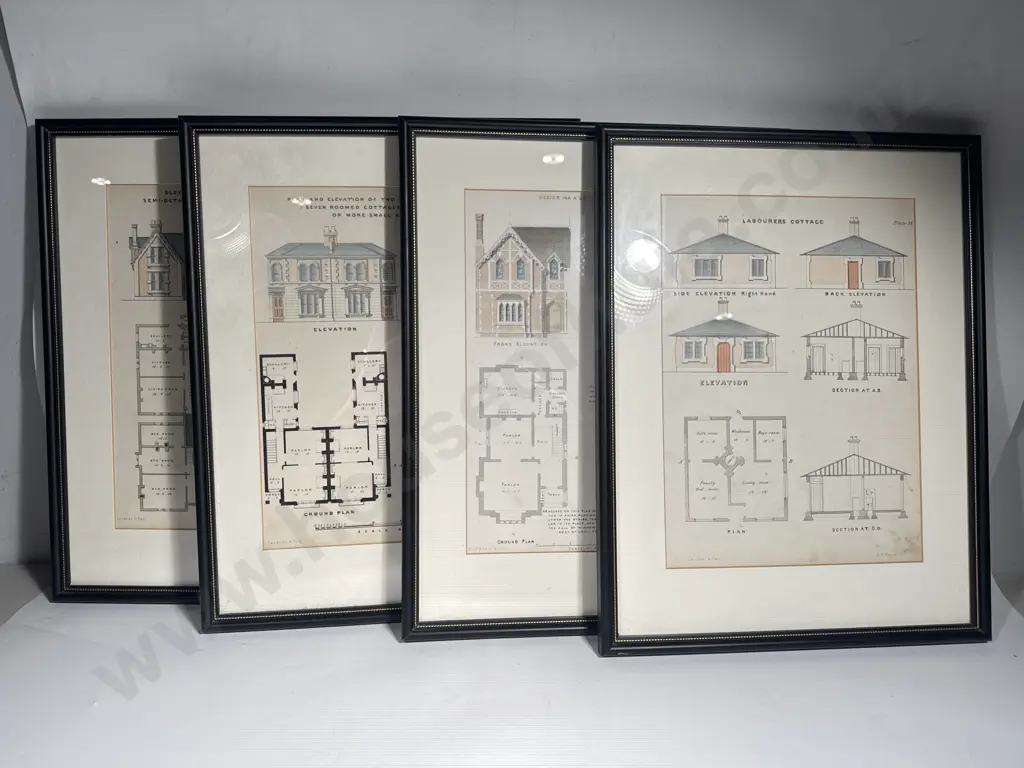Four Framed Architectural Prints w Coloured Building Elevations & Floor Plans Image 1++