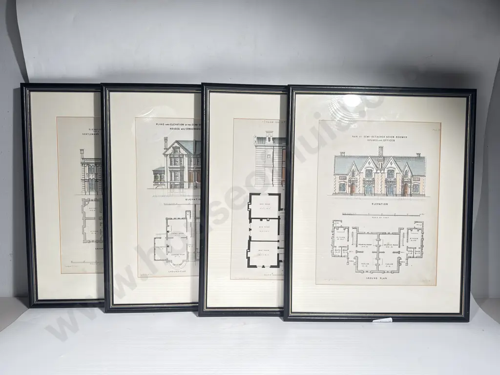 Four Framed Architectural Prints w Coloured Building Elevations & Floor Plans Image 1++