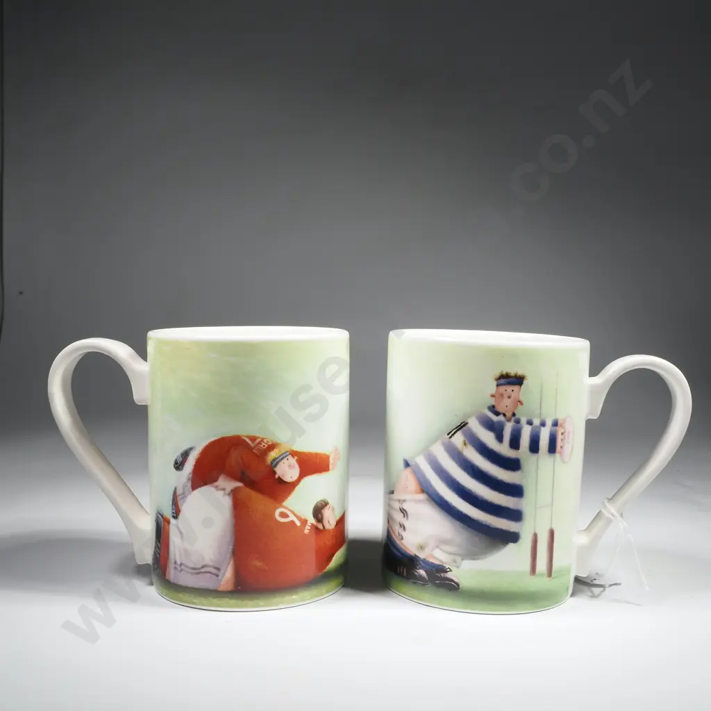 Pair of Portmeiron Coffee Mugs w Rugby Theme by Rob Scotton Image 1++