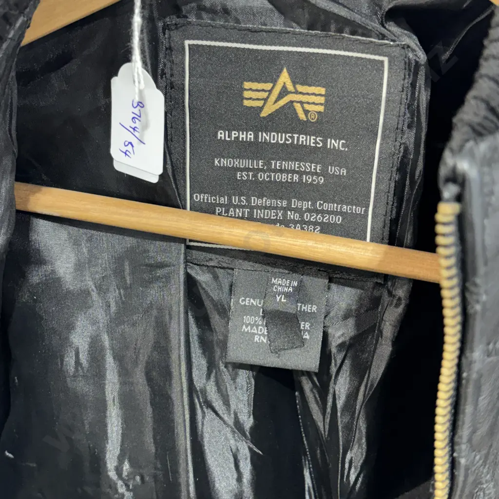 Black Leather Alpha Industries Bomber Jacket w an Embroidered NASA Meatball Logo Patch on the Chest Image 1++