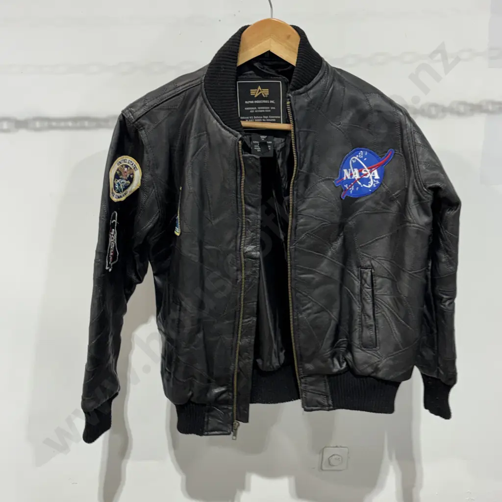 Black Leather Alpha Industries Bomber Jacket w an Embroidered NASA Meatball Logo Patch on the Chest Image 1++