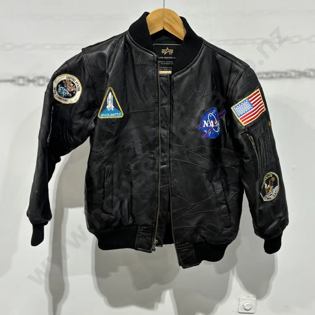 Black Leather Alpha Industries Bomber Jacket w an Embroidered NASA Meatball Logo Patch on the Chest Image 1++