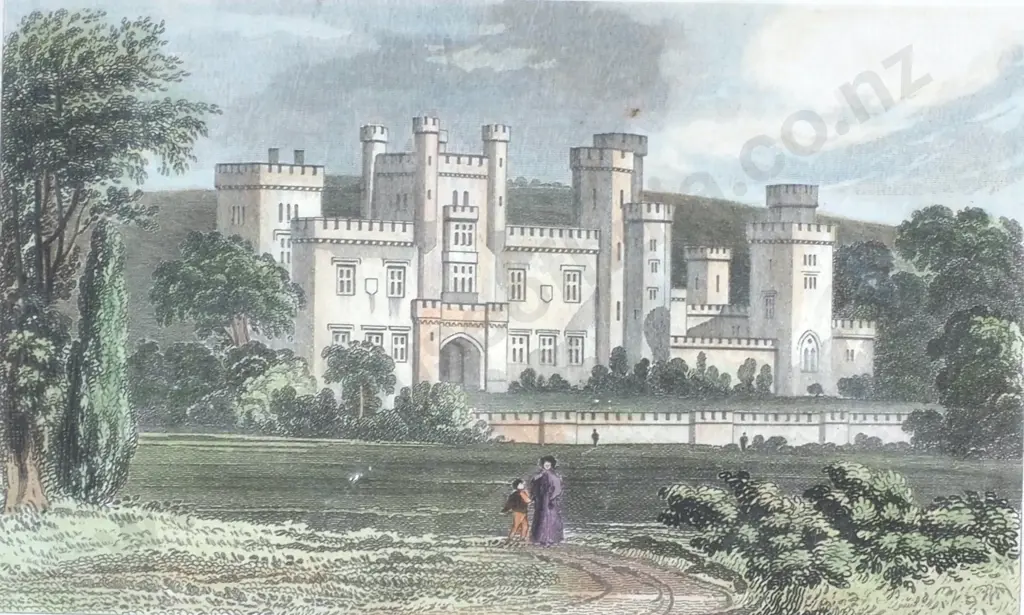 Two Antique Handcoloured Prints - Ravensworth Castle, Durham & Holy Island Castle, Circa 1845 Image 1++