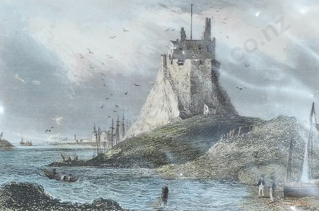 Two Antique Handcoloured Prints - Ravensworth Castle, Durham & Holy Island Castle, Circa 1845 Image 1++