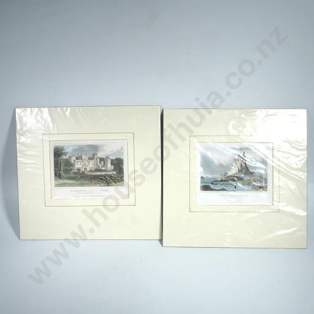 Two Antique Handcoloured Prints - Ravensworth Castle, Durham & Holy Island Castle, Circa 1845 Image 1++