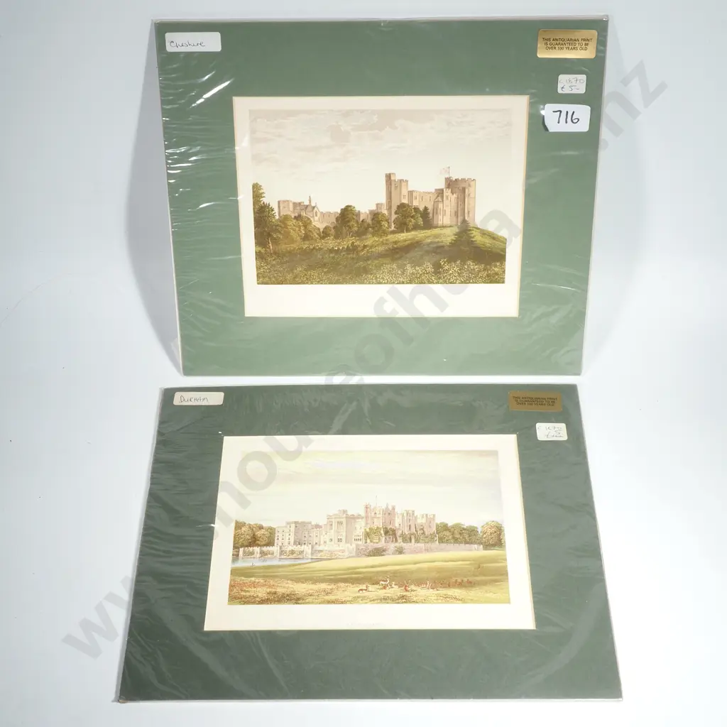 Two Antique Handcoloured Prints -Peckforton Castle, Chesire  &  Raby Castle, Durham, Circa 1845 Image 1++