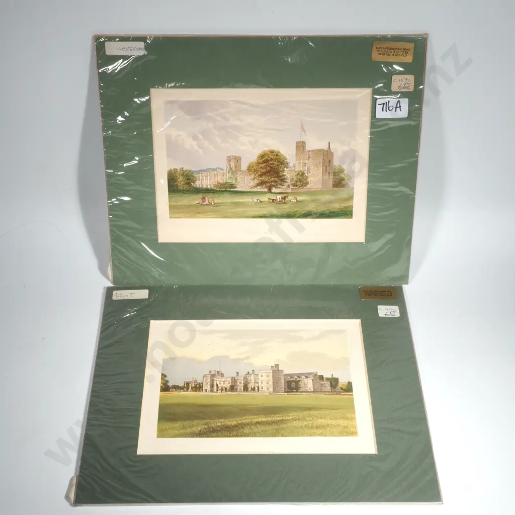 Two Antique Handcoloured Prints - Sudeley Castle, Gloucestshire, C  &  Penshurst Castle, Durham, Circa 1845 Image 1++
