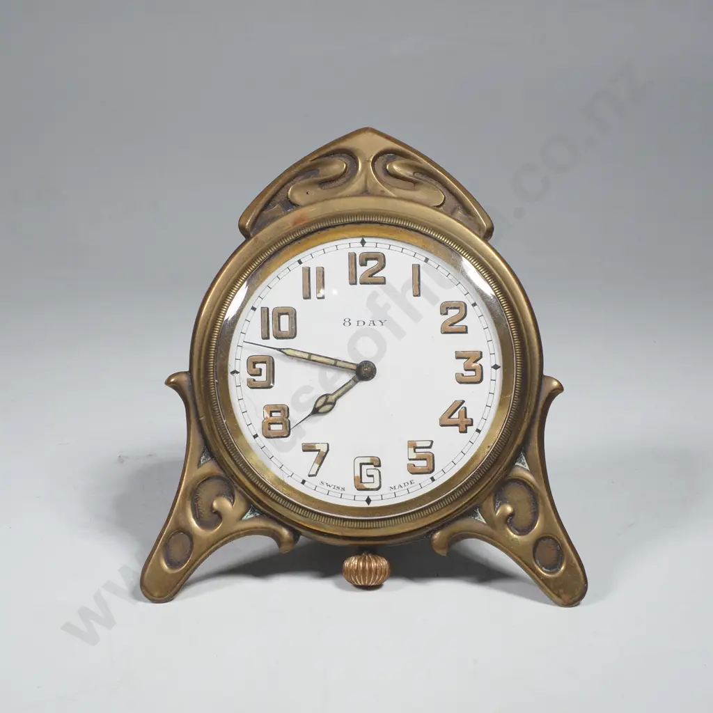15 Day Swiss Made 8 Day Travel Clock w Art Nouveau Style Brass Surround Image 1++