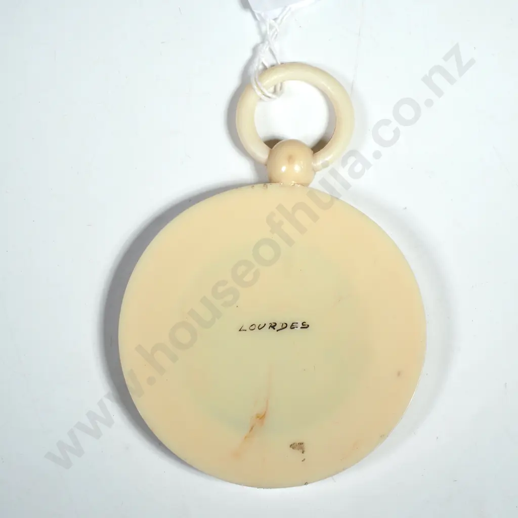 Ivorex Circular Frame Inset With A Cupid Figure. Marked Lourdes Verso. Possibly A Cradle Protector. Image 1++