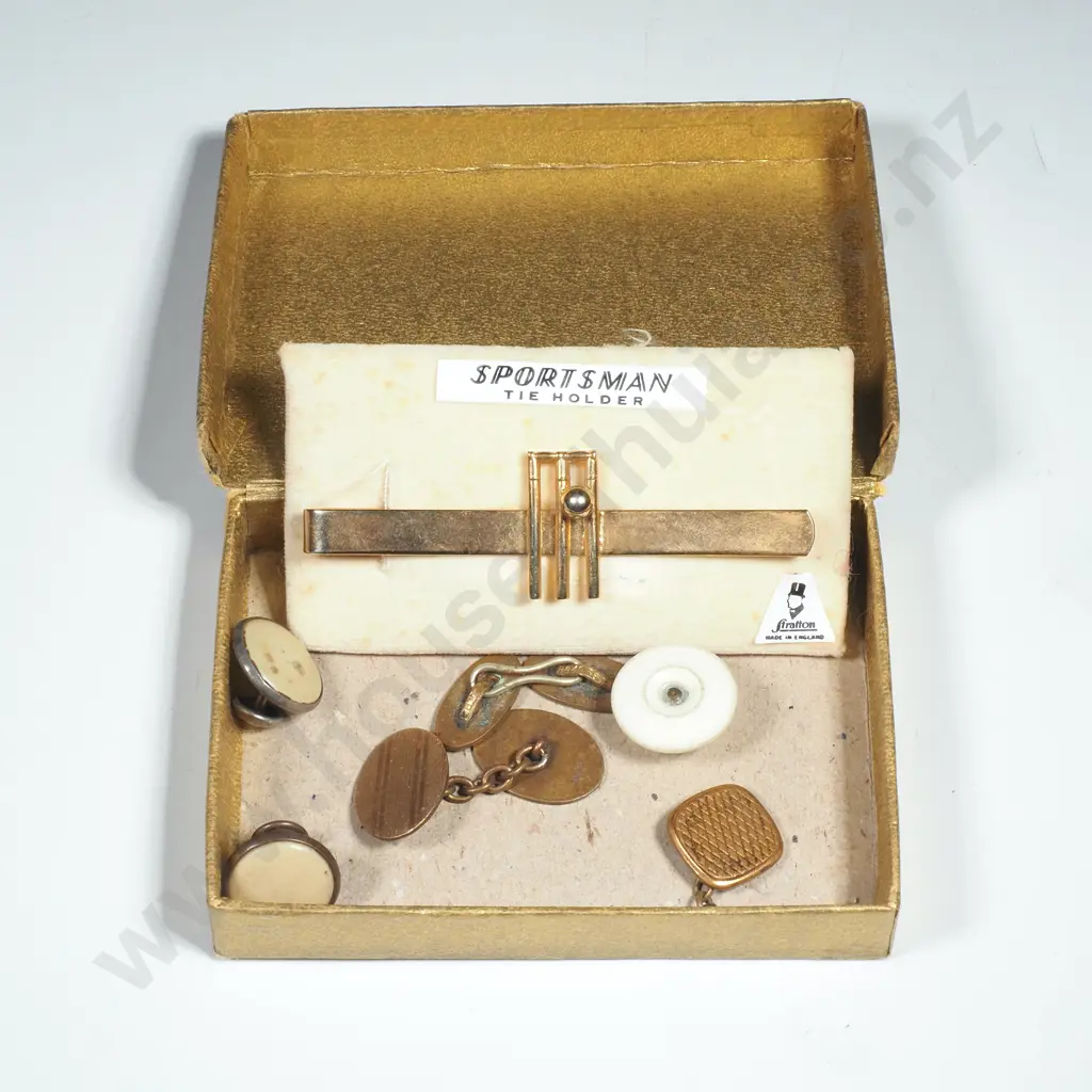 Pair of Gold Plated Cufflinks, Two Odd Cufflinks & Studs & a Stratton Tie Holder w Cricket Theme Image 1++