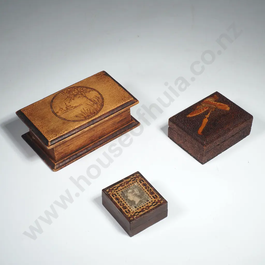 Two Vintage Pokerwork Stamp Cases & a Small Marquetry Single Stamp Box w Vintage Stamp Top Image 1++