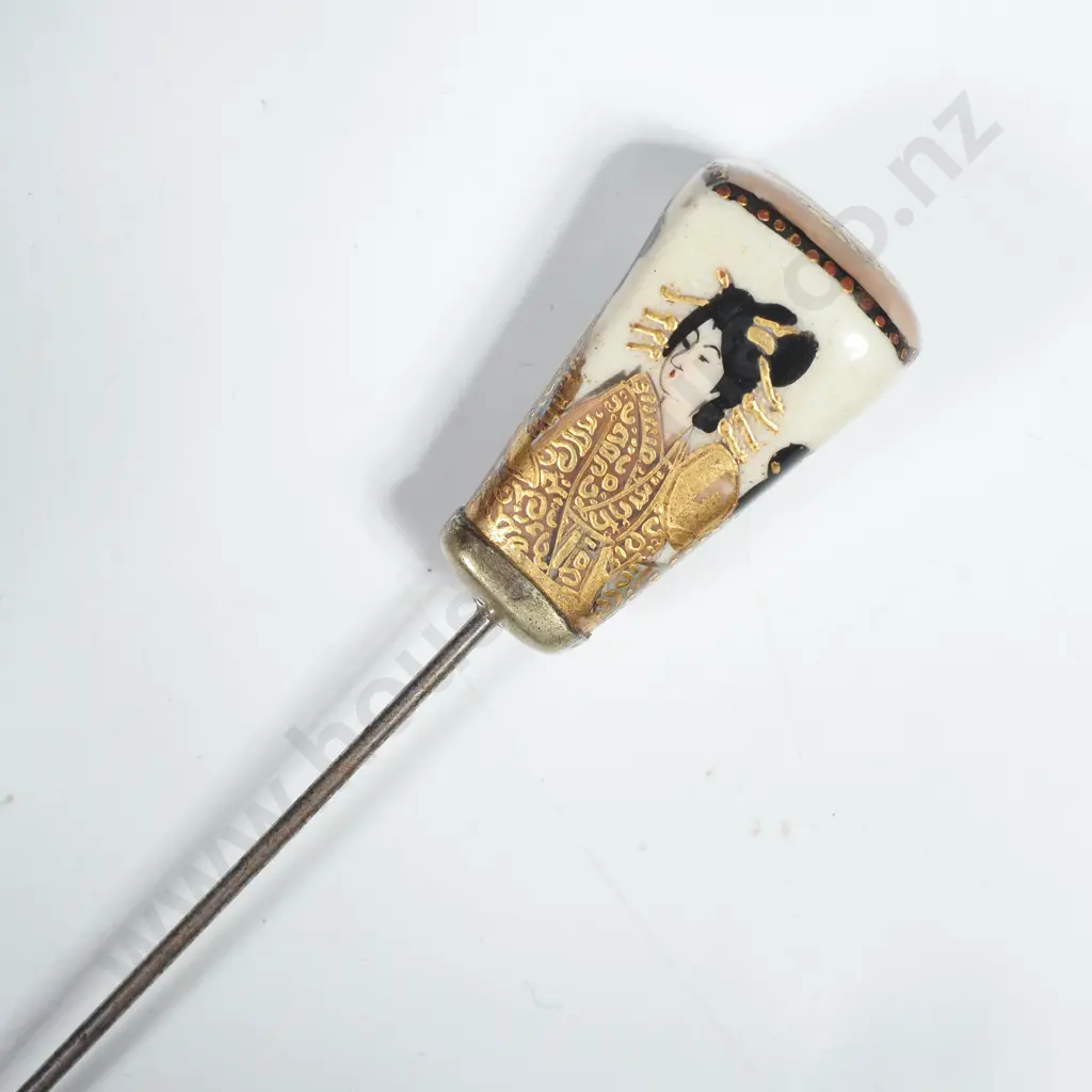 Meiji Period Satsuma Hatpin w Flared Cuboid Head Hand Painted w Geishas Image 1++