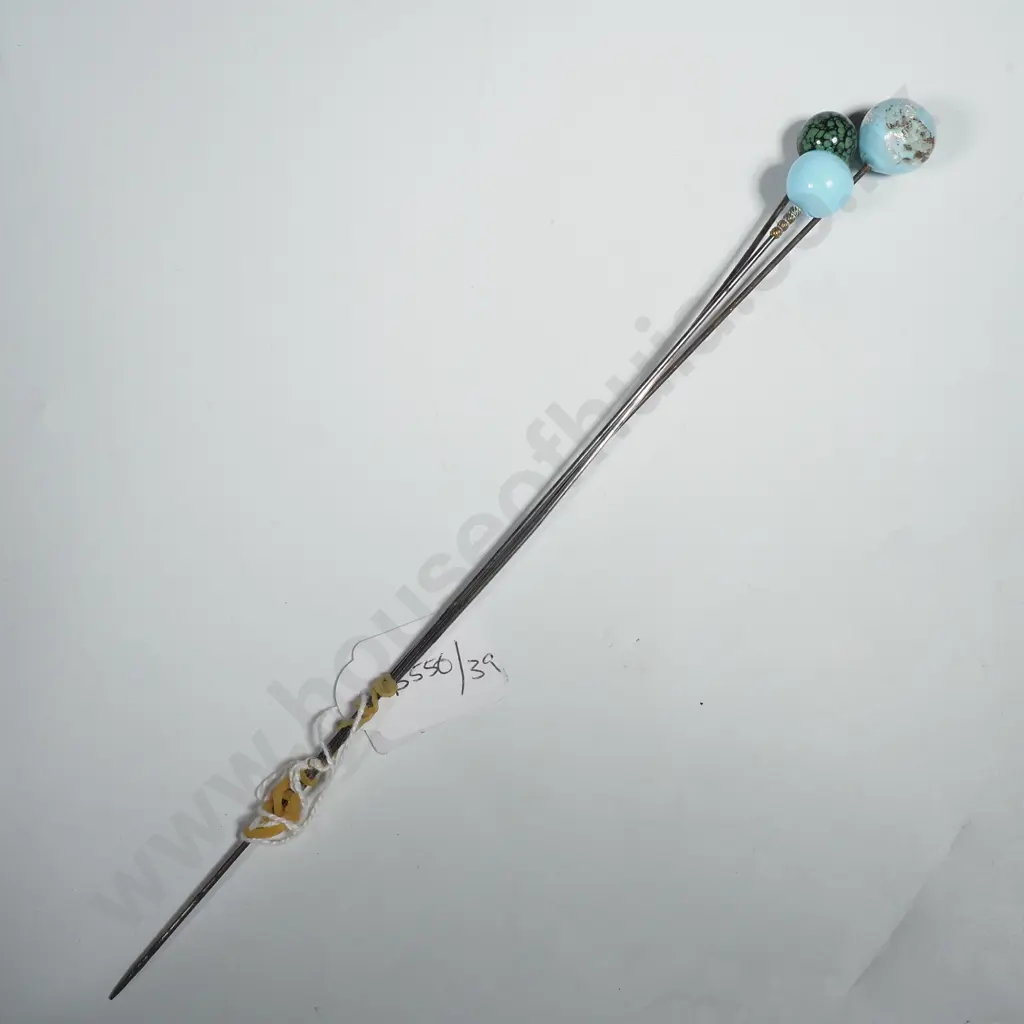 Three Decorative Hatpins w Spherical Ornamental Tops including a Green Mottled Bead, & Two Turquoise Blue Glass Beads Image 1++