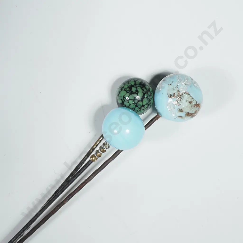 Three Decorative Hatpins w Spherical Ornamental Tops including a Green Mottled Bead, & Two Turquoise Blue Glass Beads Image 1++