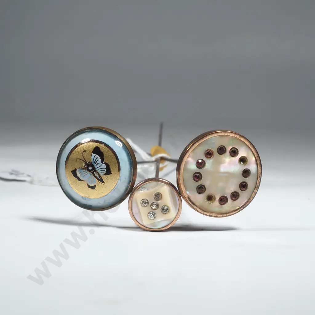 Three Art Deco  Hatpins; One w Die set in MOP, the Second w Enamelled Butterfly Design & the Third w Red Stone in Mop Image 1++