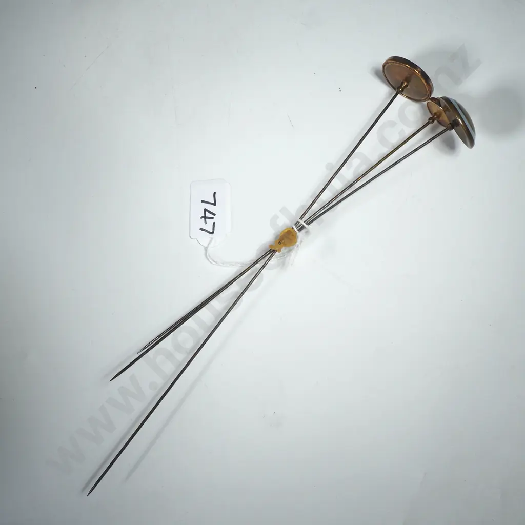 Three Art Deco  Hatpins; One w Die set in MOP, the Second w Enamelled Butterfly Design & the Third w Red Stone in Mop Image 1++