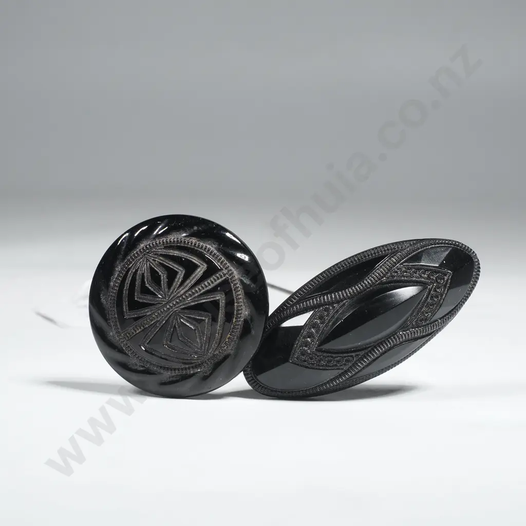 Pair of Black Carved Geometric Hatpins w Relief Decoration Image 1++