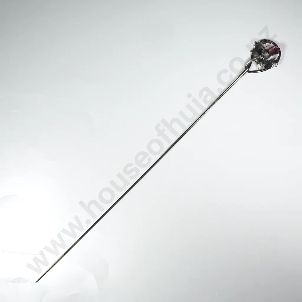 Sterling Silver Art Nouveau Hatpin w Scottish Thistle Finial & Amethyst Coloured Stone Image 1++