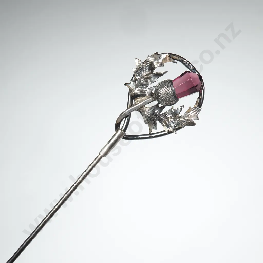 Sterling Silver Art Nouveau Hatpin w Scottish Thistle Finial & Amethyst Coloured Stone Image 1++