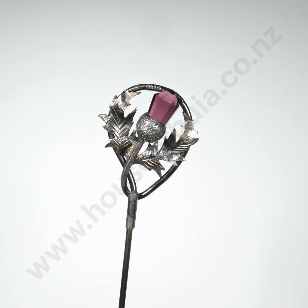 Sterling Silver Art Nouveau Hatpin w Scottish Thistle Finial & Amethyst Coloured Stone Image 1++