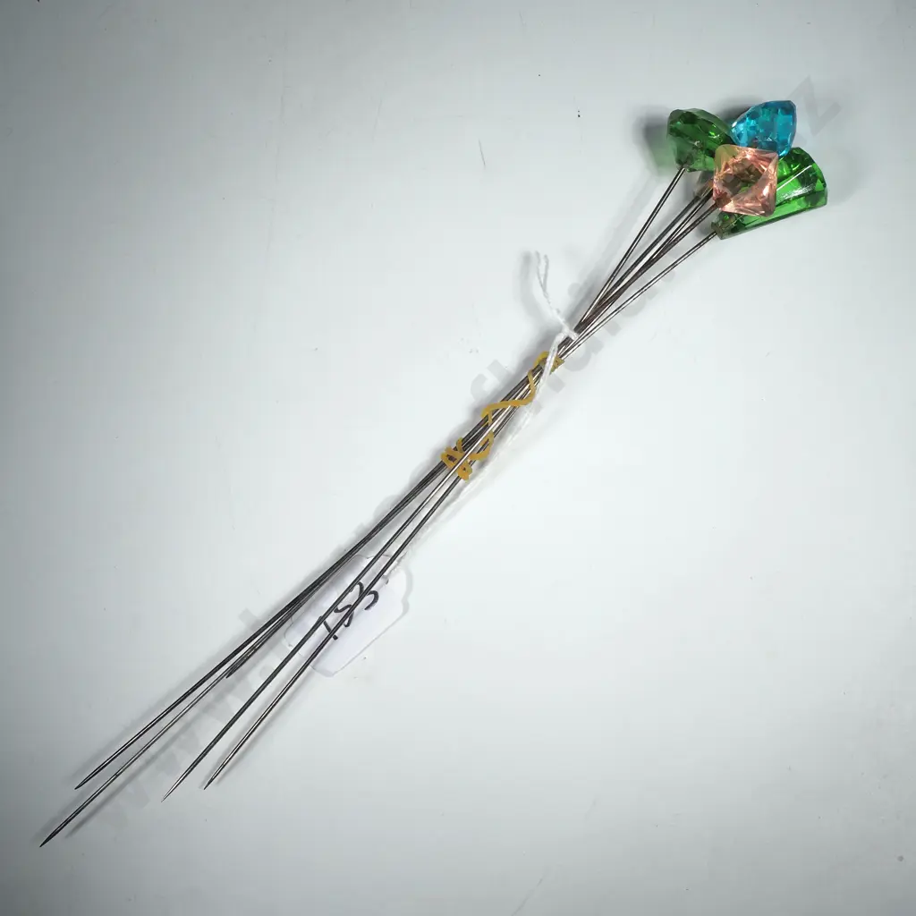 Five Hatpins w Coloured Facetted Glass Hatpins of Various Colours & Shapes Image 1++