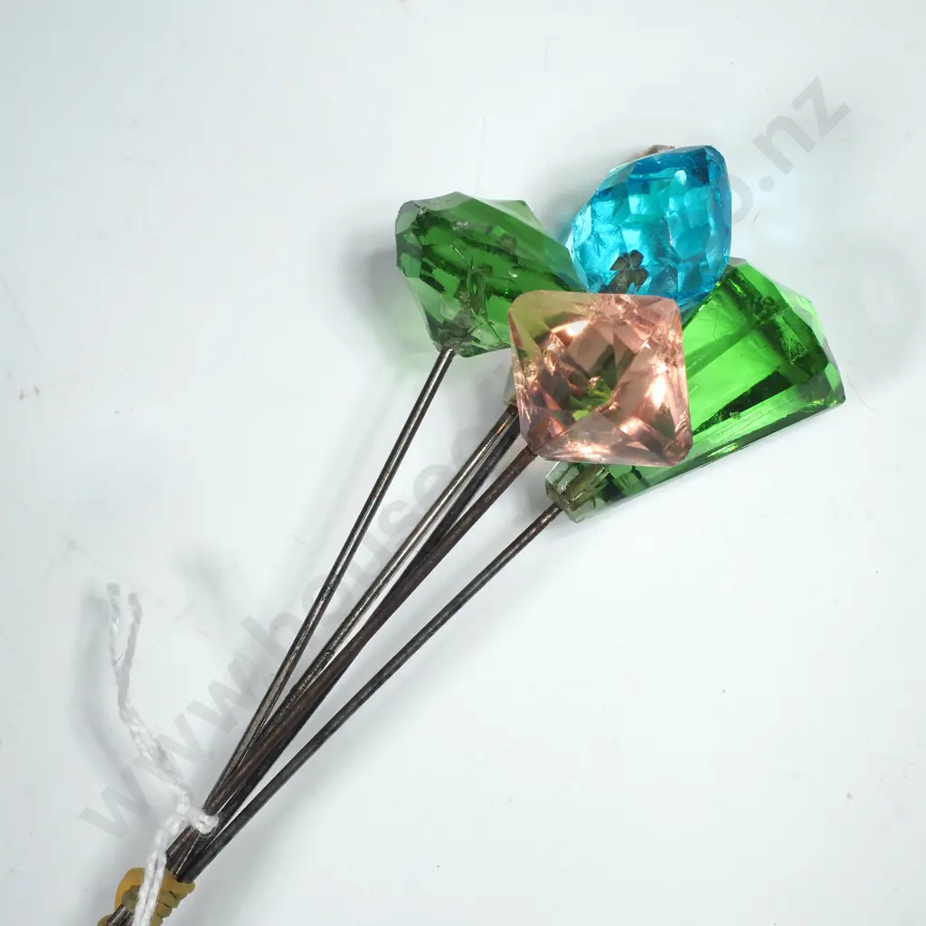 Five Hatpins w Coloured Facetted Glass Hatpins of Various Colours & Shapes Image 1++