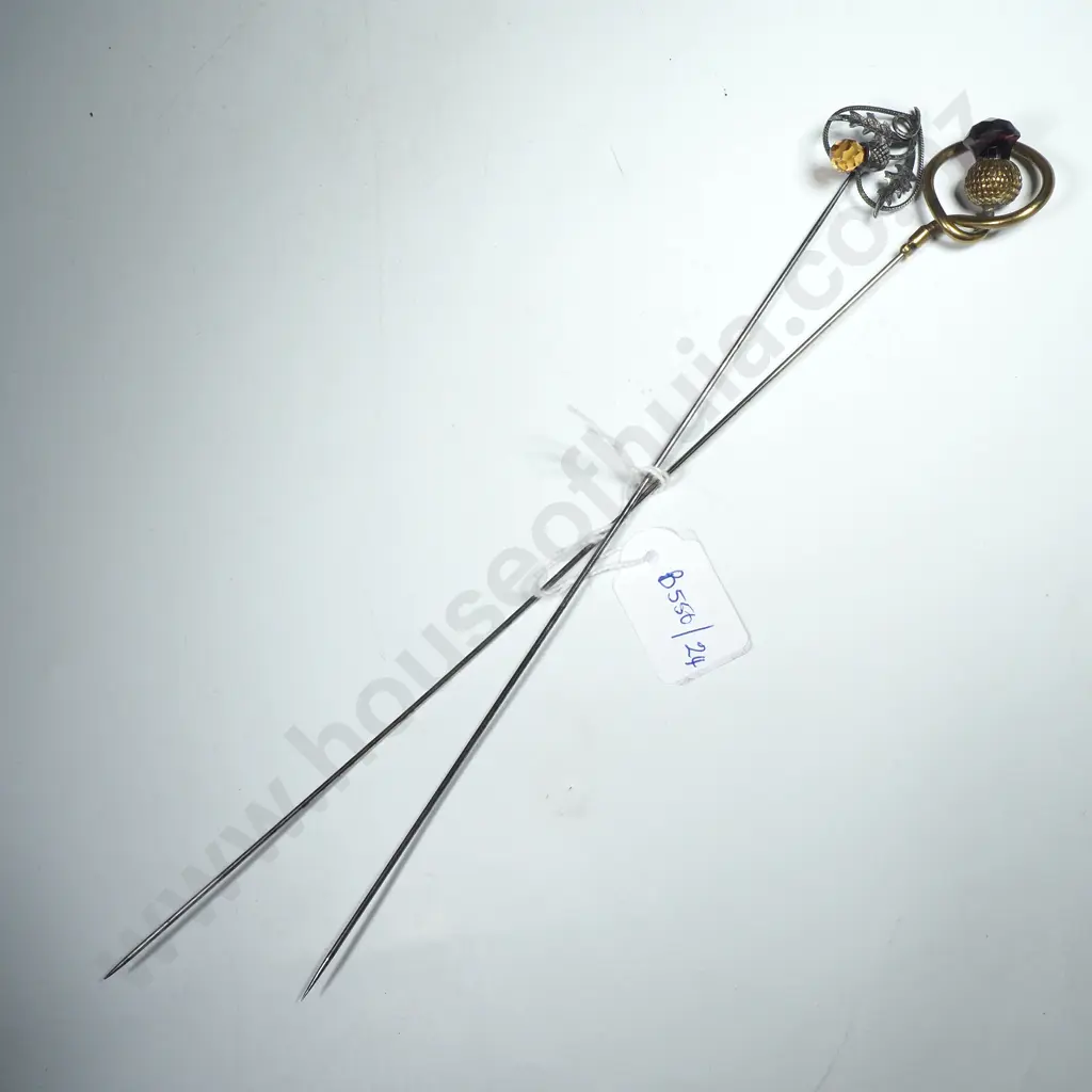 Two Scottish Themed Hatpins w Intricate Openwork Heart Frame Enclosing a Thistle & Another Gold Tone, also w Thistle Image 1++