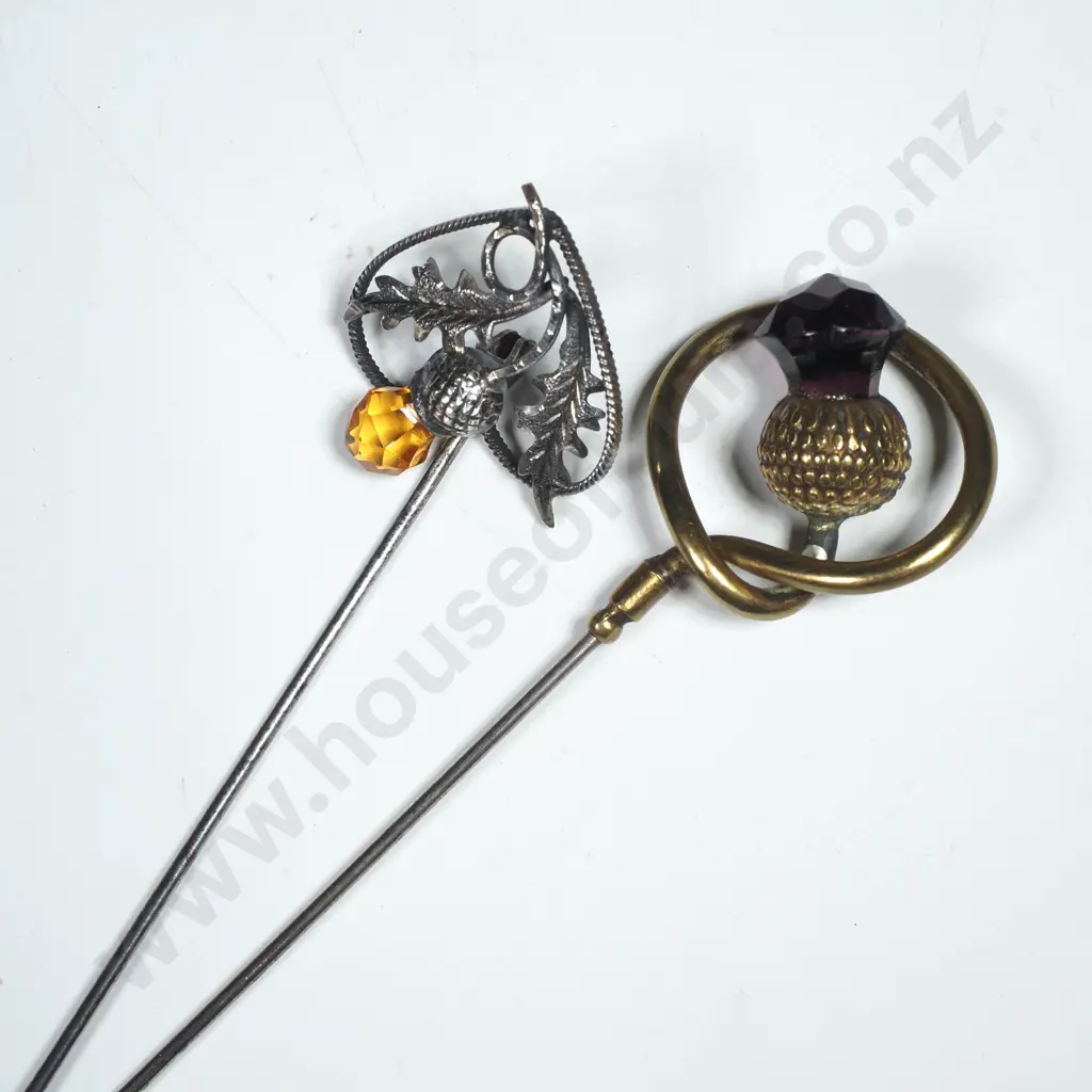 Two Scottish Themed Hatpins w Intricate Openwork Heart Frame Enclosing a Thistle & Another Gold Tone, also w Thistle Image 1++