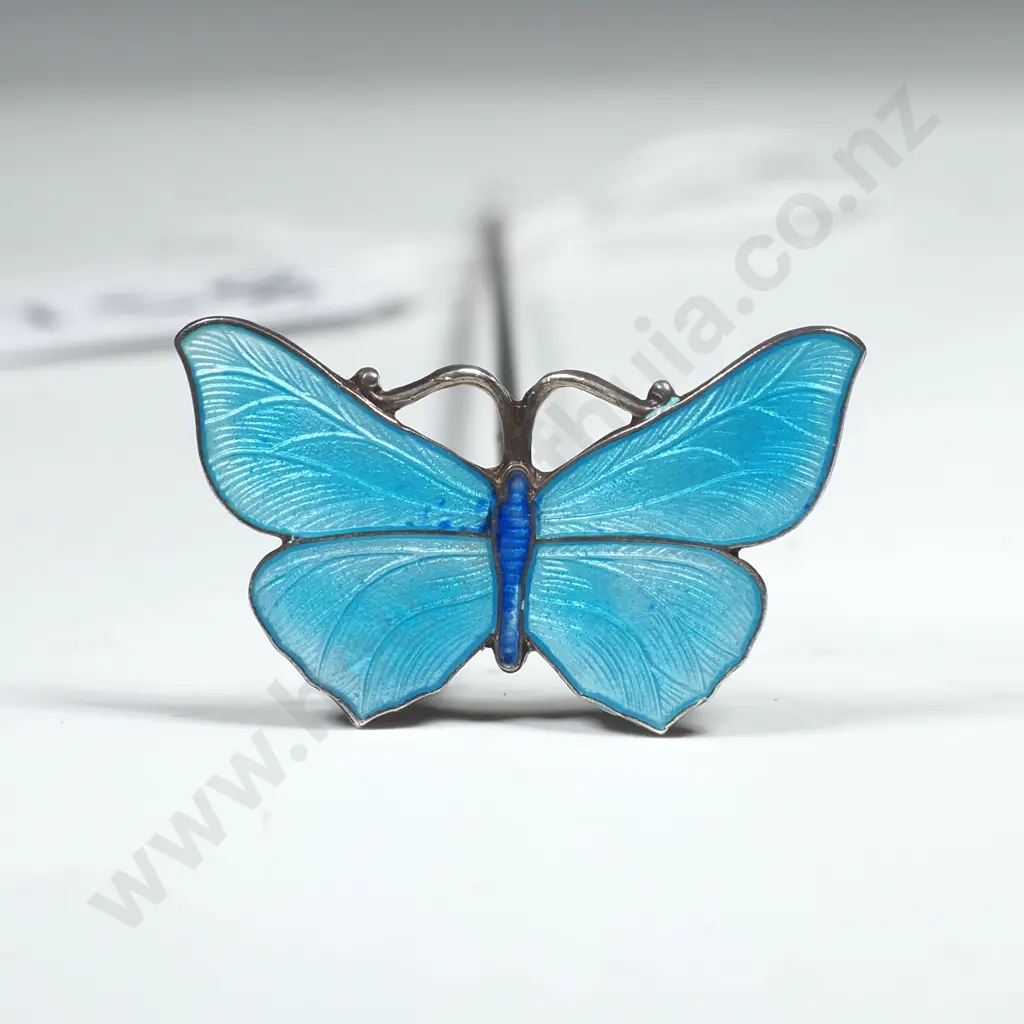 Sterling Silver Hatpin w   Blue Guilloche Butterfly Finial Image 1++