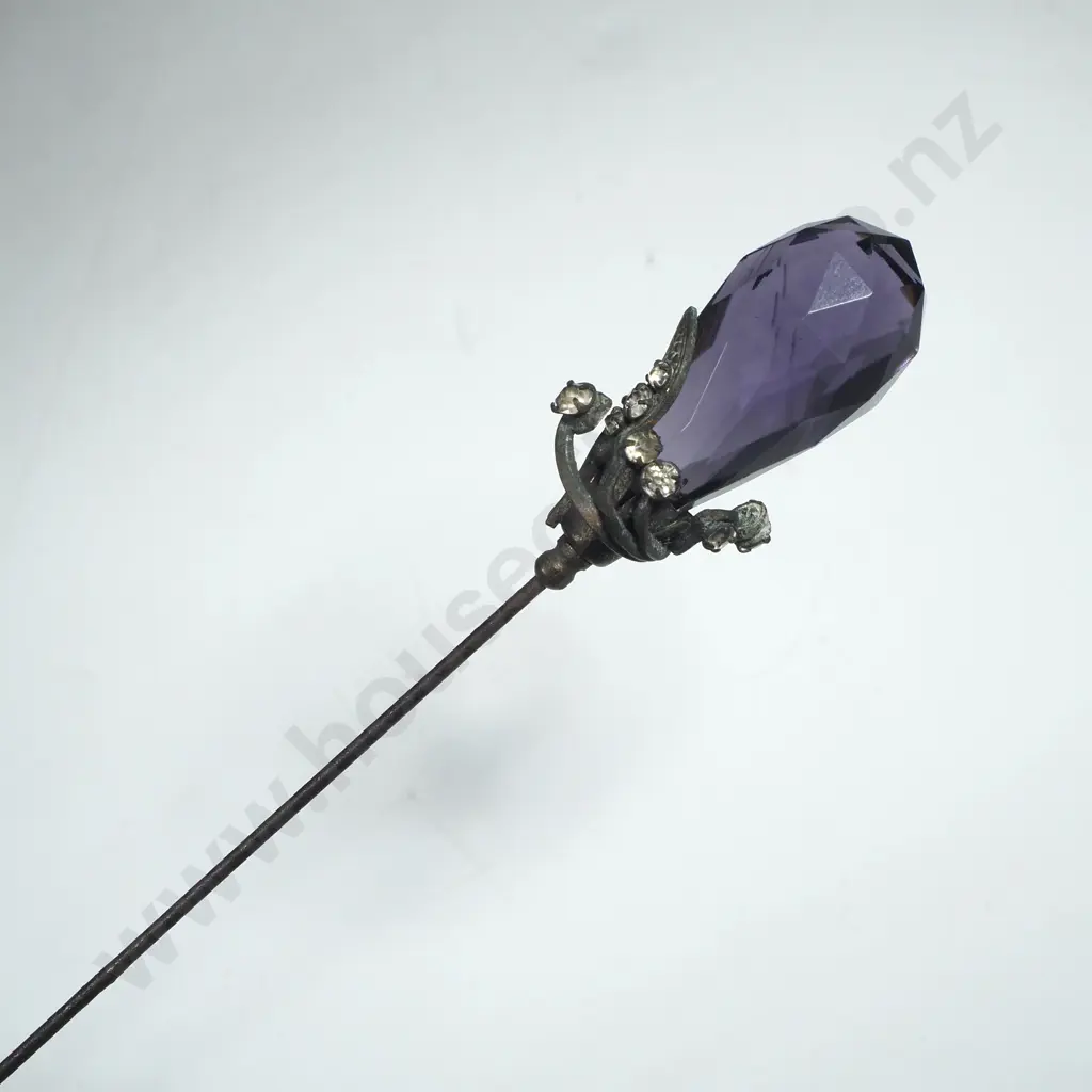 Vintage Victorian Style Hatpin w a Faceted Teardrop Purple Stone  & Another w Gold tone Dome w Wire Mesh Filigree Image 1++
