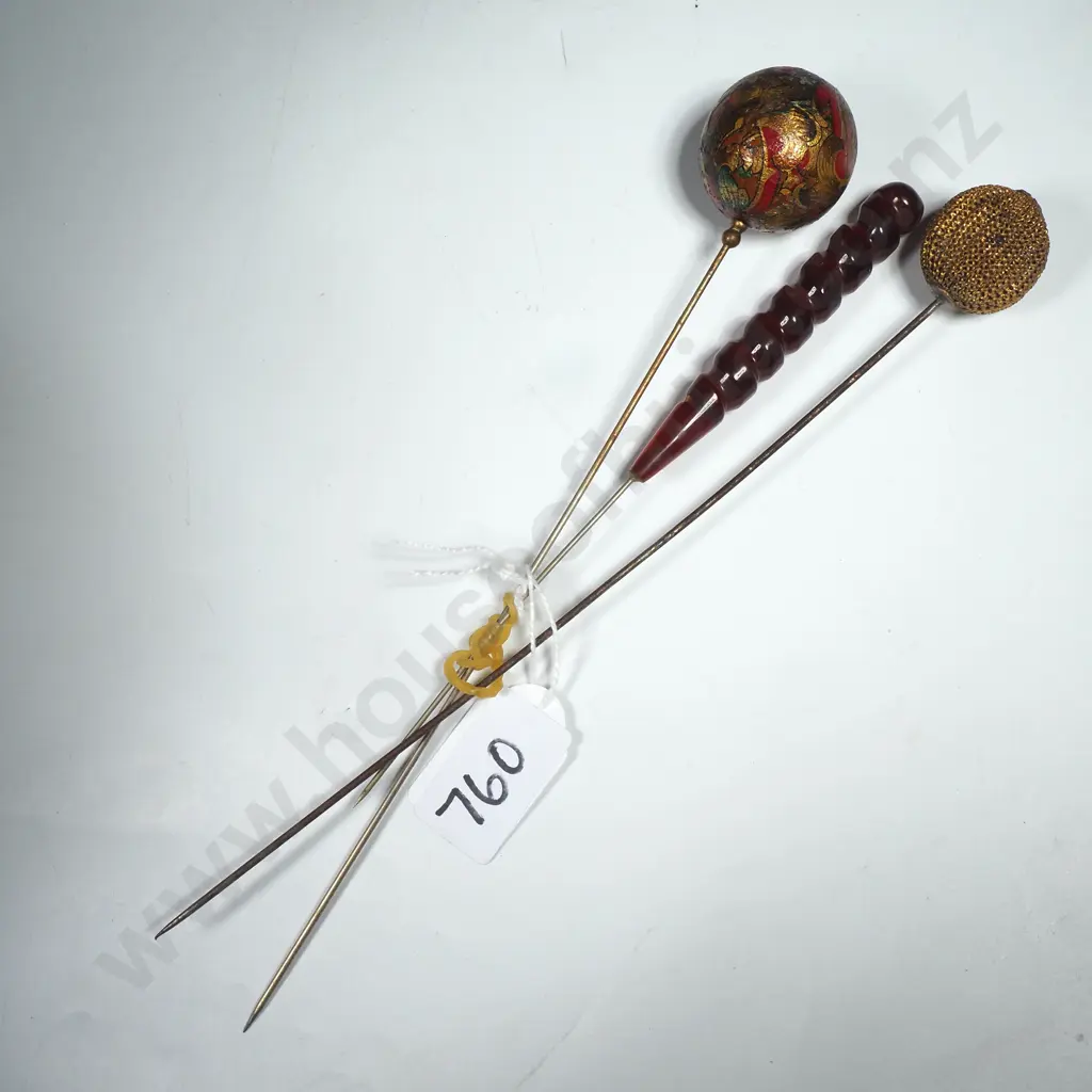 Hatpin w a Round Hand Painted  or Decoupage Style Top  in Metallic Colouring w Brass Pin & One w Amber Spiral Top Image 1++