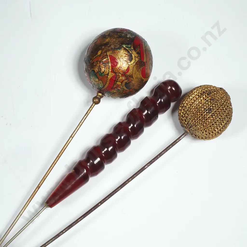 Hatpin w a Round Hand Painted  or Decoupage Style Top  in Metallic Colouring w Brass Pin & One w Amber Spiral Top Image 1++